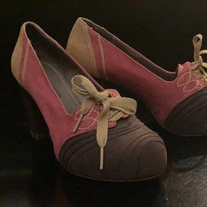 Anthropologie Pilco & the Letterpress Suede Heel, SZ 6, Brown/Raspberry/Mustard
